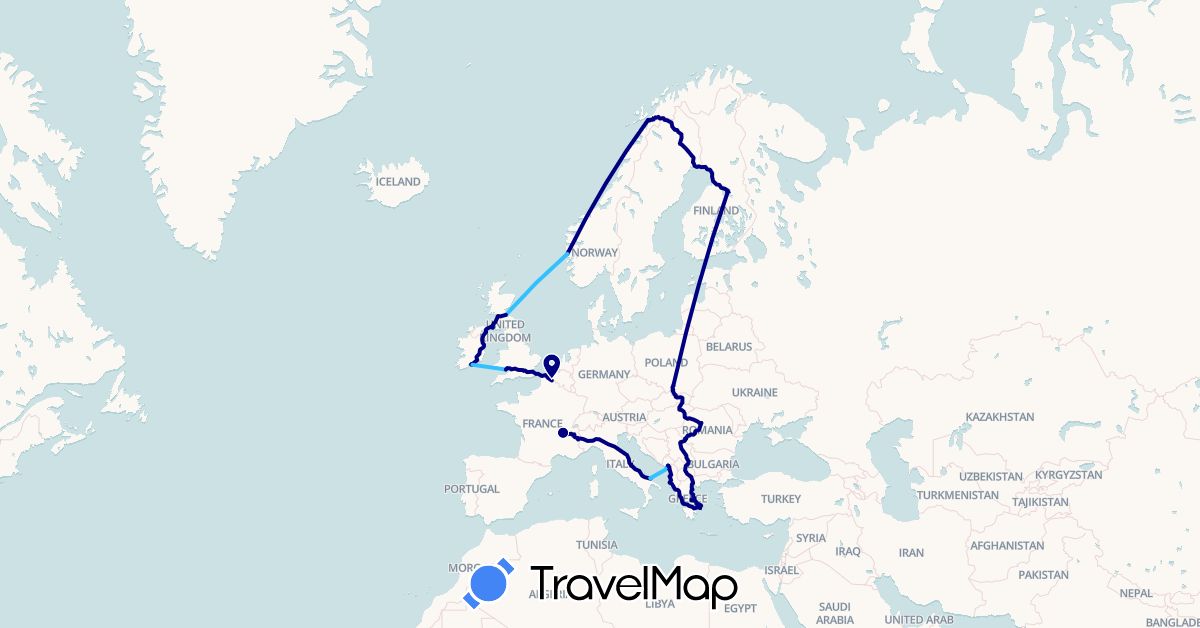 TravelMap itinerary: driving, boat in Finland, France, United Kingdom, Greece, Ireland, Montenegro, Norway, Poland, Romania (Europe)